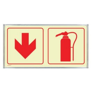 Photoluminescent Sign Frame – Fire Extinguisher Red Arrow Down – 380 x 190mm – SIGNP2FEA(D1)