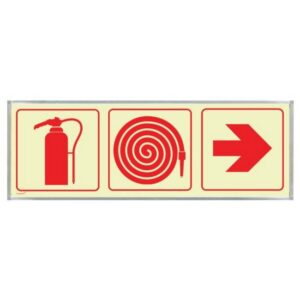 Photoluminescent Sign Frame – Fire Extinguisher, Hose, Red Arrow – 570 x 190mm – SIGNP3FEHA(2)