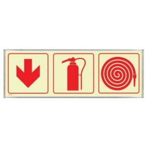 Photoluminescent Sign Frame – Fire Extinguisher, Hose, Red Arrow Down – 570 x 190mm – SIGNP3FEHA(D1)