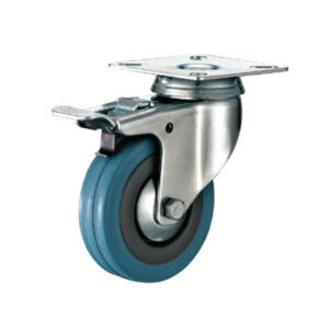 Castor Wheels – Blue Rubber – Top Plate Swivel – Brake – 125mm – TOOC454