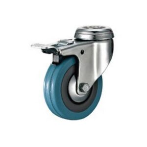 Castor Wheels – Blue Rubber – Bolt Hole Swivel – Brake – 100mm – TOOC443