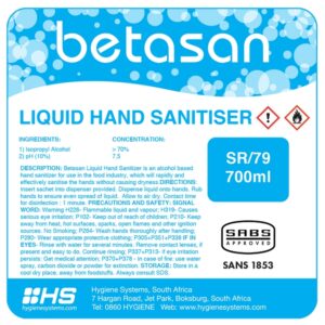 Hand Sanitiser – Liquid – Betasan – 70% Alcohol Based – 700ml – Pack of 6 – SR_79