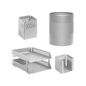 Desk Set – Round Perforated Steel Range – Metal – Letter Tray, Waste Bin, Pencil Cube and Cup – Silver – 810SI