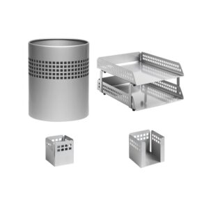 Desk Set – Square Punch Steel Range – Metal – Letter Tray – Waste Bin – Pencil Cube and Cup – Silver – 413SI