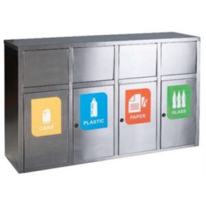 Recycling Bin Four Division – Stainless Steel – Bin Liners – Decals – 170 x 45 x 100cm – REC628