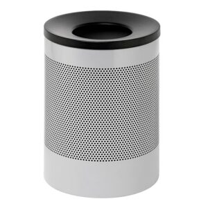 Steel Litter Bin – Wide – Funnel Top Lid and Bin Liner – Perforated – 400 Ø x 600 (H) mm – Silver – 631SI-027SD