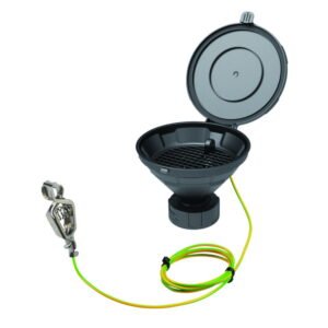 SCAT Funnel with lid “MARCO”, V2.0, S60/61, PE-HD electrostatic conductive, Ø 140 mm, with removable sieve and earthing cable