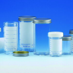 Sample containers 250 ml, PS with metal cap, plain label, sterile AS, pack of 50