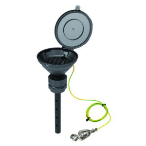 SCAT Funnel with lid “MARCO”, V2.0, S55, 140 mm, PE-HD electrostatic conductive, with lance 220 mm, with removable sieve and earthing cable