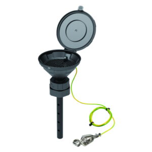 SCAT Funnel with lid “MARCO”, V2.0, S65, 140 mm, PE-HD electrostatic conductive, with lance 220 mm, with removable sieve and earthing cable