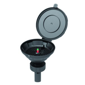 SCAT Funnel with lid “MARCO”, V2.0, S60/61 PE-HD electrostatic conductive, with level control, removable sieve, and earthing cable