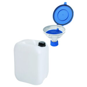 SCAT SafetyWasteSet: 1x 10 liter canister, GL45 PE-HD, 1x Safety funnel with lid “MARCO”, V2.0, GL45, PE-HD, with removable sieve
