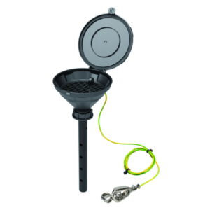 SCAT Funnel with lid “MARCO”, V2.0, S50, 140 mm, PE-HD electrostatic conductive, with lance 220 mm, with removable sieve and earthing cable