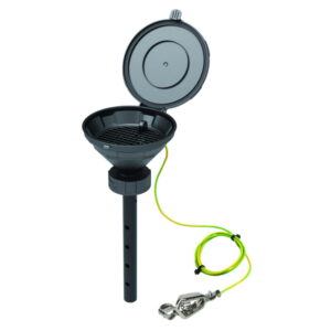 SCAT Funnel with lid “MARCO”, V2.0, S60/61, 140 mm PE-HD electrostatic conductive, with lance 220 mm, with removable sieve and earthing cable