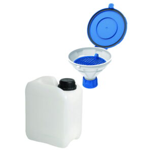 SCAT SafetyWasteSet: 1x 2.5 liter canister, GL45, PE-HD, 1x Safety funnel with lid “MARCO”, V2.0, GL45, PE-HD, with removable sieve