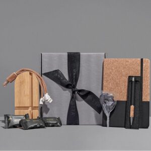 Eco Office Tech Hamper – Cork A5 Notebook With Stylus Pen, Bamboo Phone Stand & Charging Cable, African Sucker & Nougat Mini in Gift Box